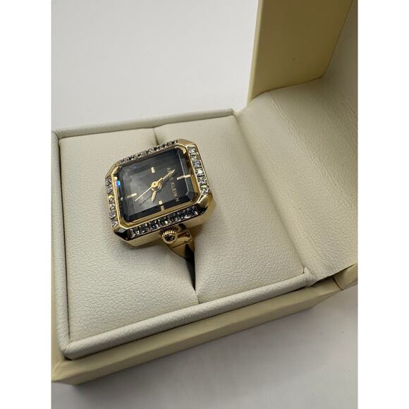 Anne Klein Women Watch Ring Gold-Tone Black Dial Square Crystal Bezel Box Gold